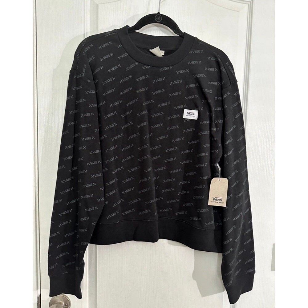 NEW Black Vans Allover Logo Jersey Long Sleeve Pullover Skate Shirt